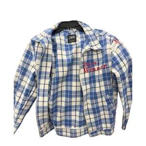 Zara Blue and White Plaid Born Winner Embroidered Zip Up Jacket
